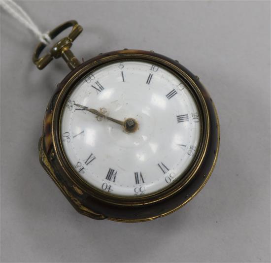 A late 18th century gilt metal and tortoiseshell pair cased keywind verge pocket watch by J. Richards, London.